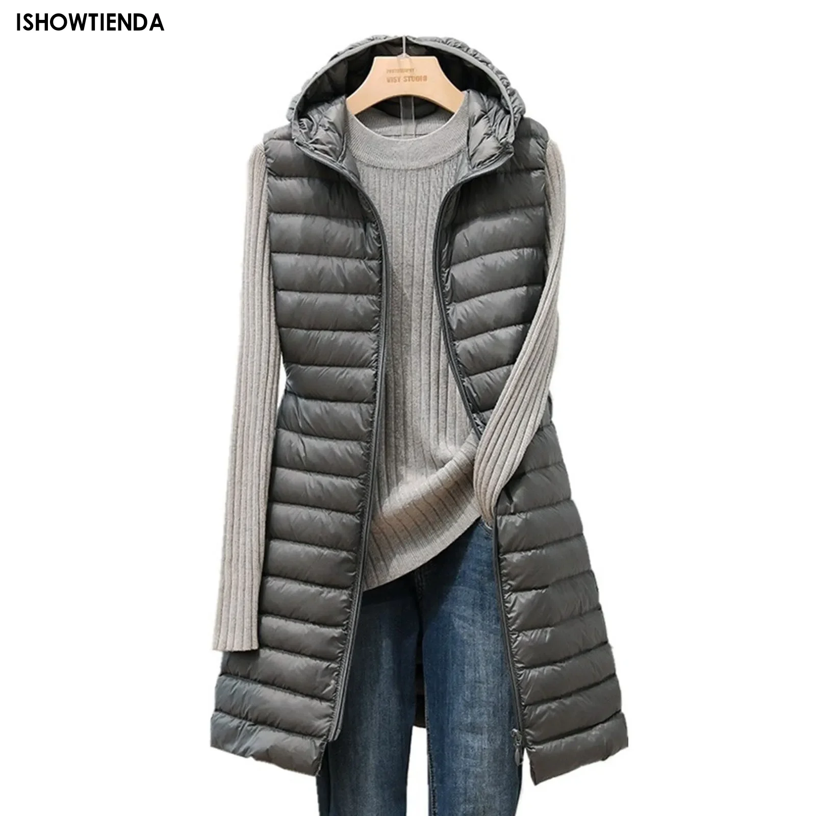 

Vest Women solid Sleeveless Cotton Coat 2023 Autumn Winter New Fashion Temperament Long Slim Light Thin Hooded Waistcoat