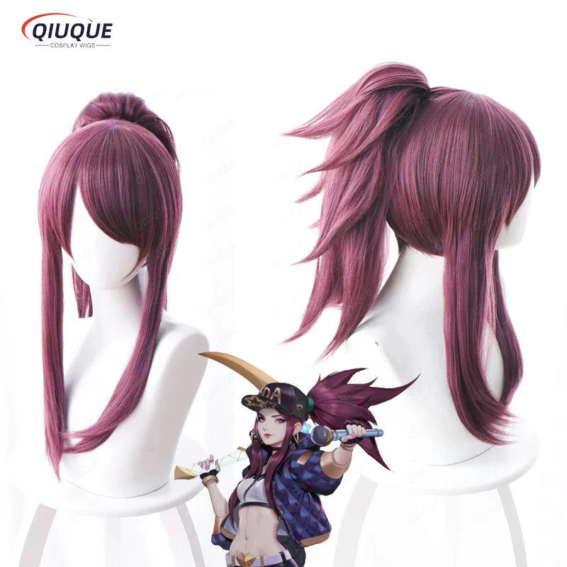 LOL KDA Akali The Rogue Assassin Akali Mixed Purple Ponytail Clip Heat Resistant Hair Cosplay Costume Wig + Free Wig Cap