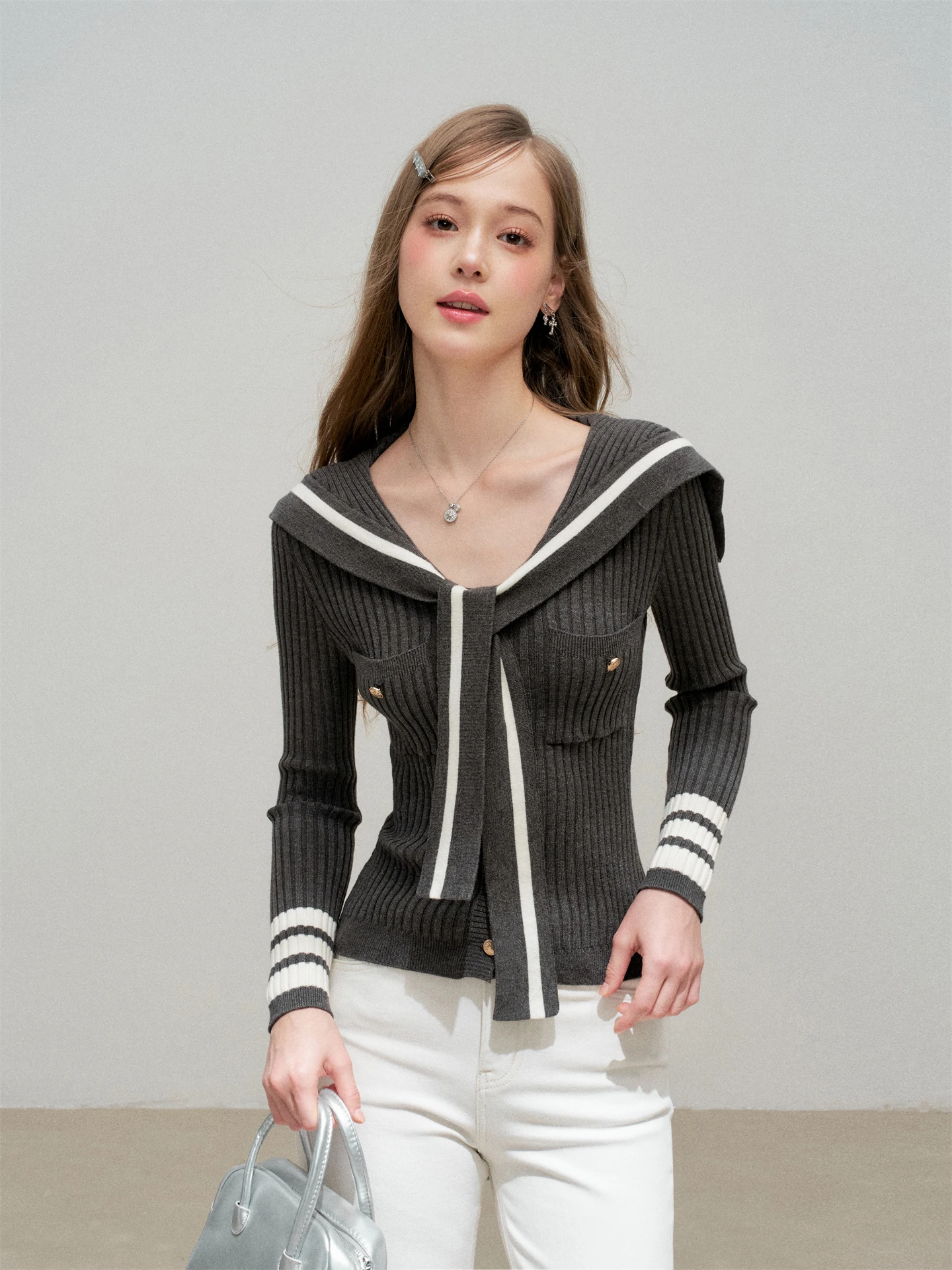 

Slim Fit Knitted Navy Collar Color Blo Striped Sweater High nce ey Stripes Commute Sle Women's Knitted Top
