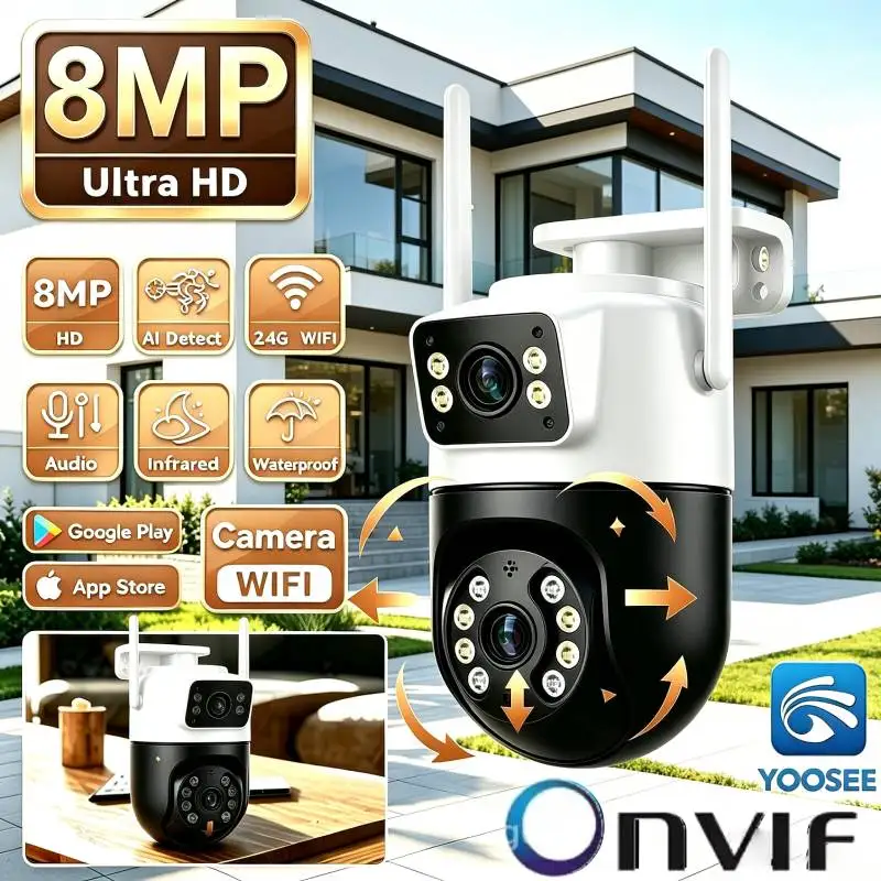 8MP WiFi Camera Dual Screen Wireless Security PTZ IP Camera Night Vision Two-Way Audio Onvif 10X Security Monitor CCTV YOOSEE