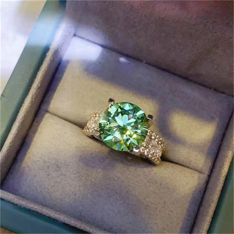 Mencheese Moissanite Verde Anéis, 5,0 quilates, Anel De Ouro Branco Com Certificado, Jóias De Prata Esterlina, Cartão Preto