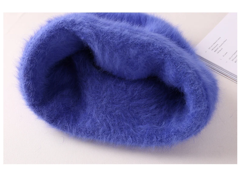 2023 Angora Flauschige Strickmütze Kaninchenfell Wintermütze für Damen Damen Mode Warmer Plüschschädel Damen Dicke Fleecemützen – Detail 19