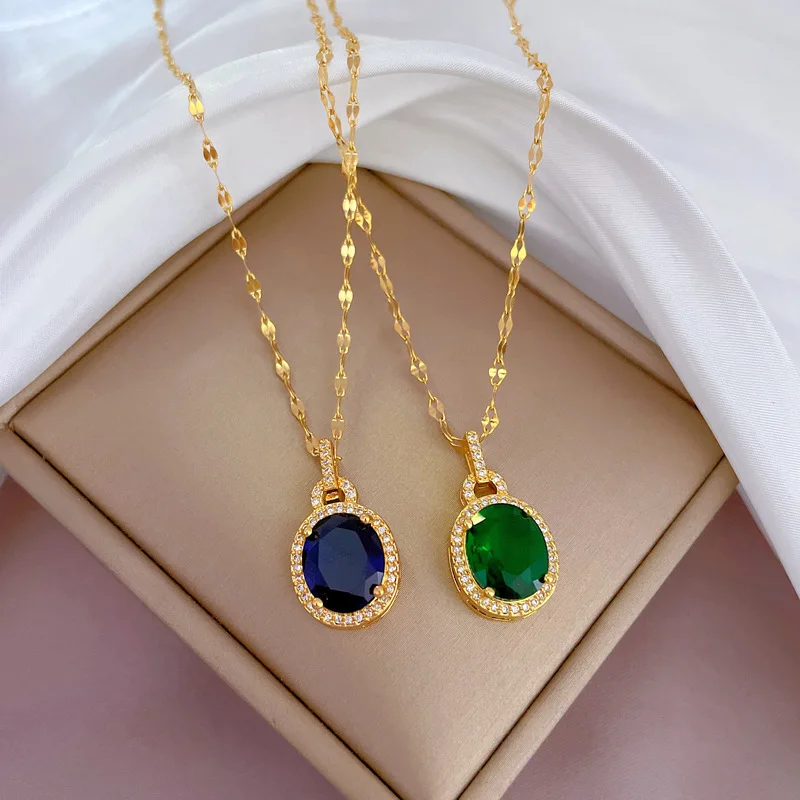

Titanium Steel Luxury Water Droplets full of Zircon Luxury Emerald Sapphire Design Versatile ins Niche Necklace