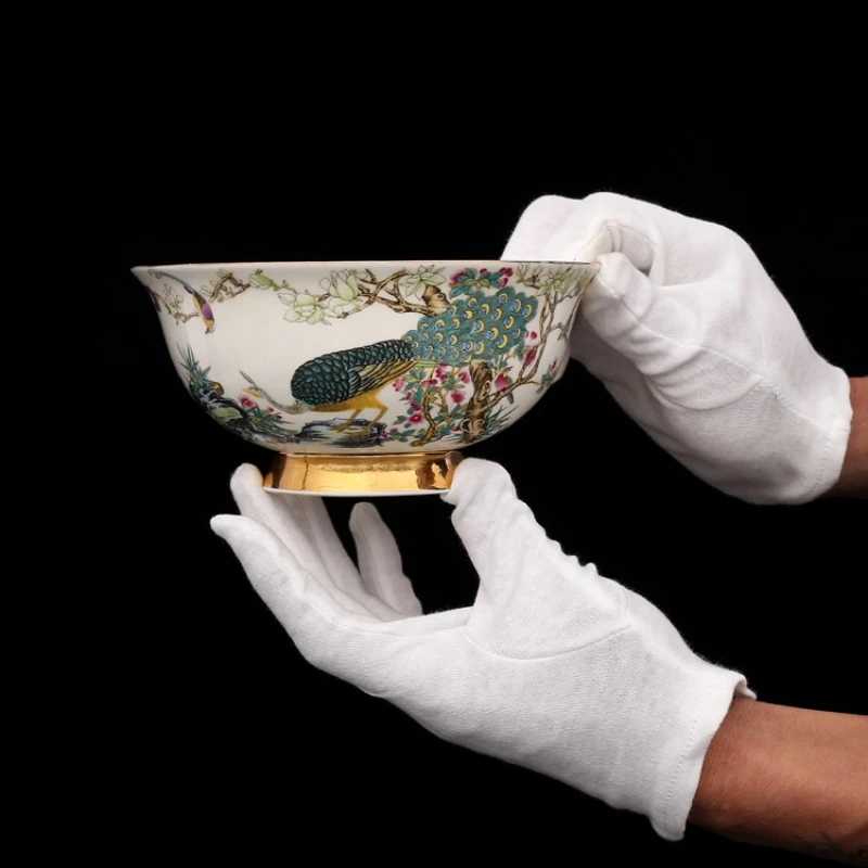 

Ancient China Dynasty Peacock Golden Painted Enamel Birds Pattern Bowl Antique Porcelain Bone China Bowl Collection