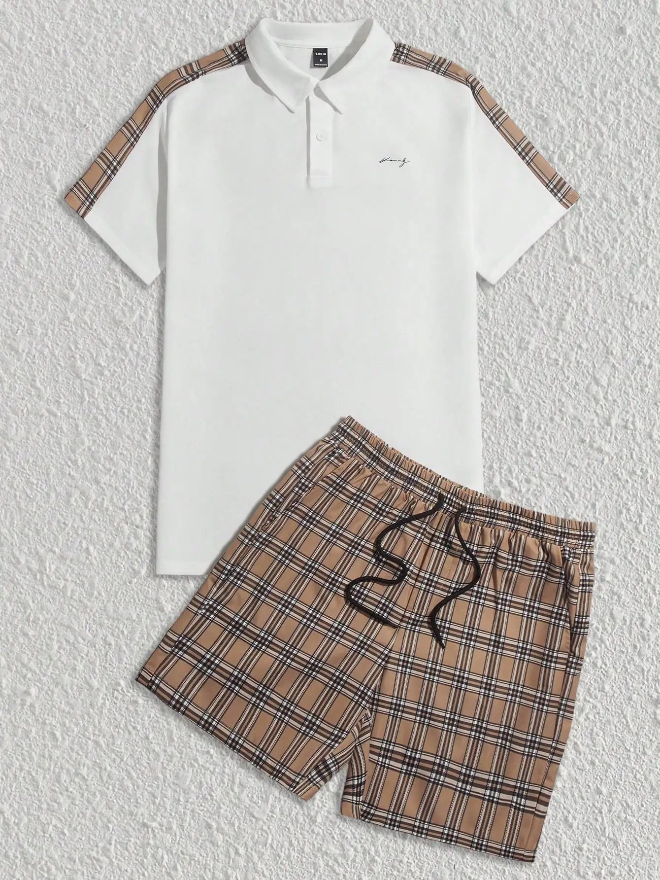 

Men's White Polo Shirt with Plaid Sleeve Trim & Matching Plaid Drawstring Shorts Set