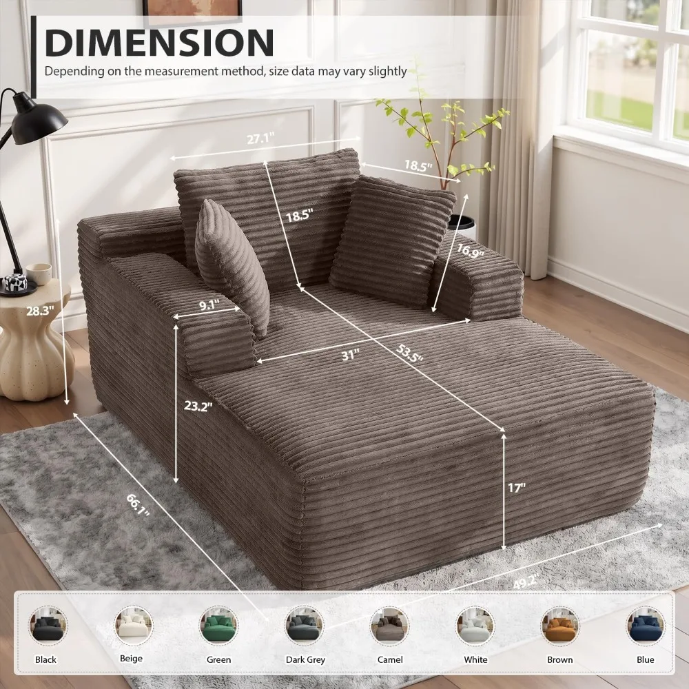 50 Inch Corduroy Chaise Lounge Chair Indoor, Oversized Sofa Bed for Living Room, Camel, No Assembly