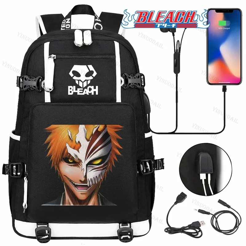 Bleach tema impressão mochilas escolares à prova dwaterproof água com linha usb crianças meninos meninas mochila escolar anime figuras de volta à escola rucksa