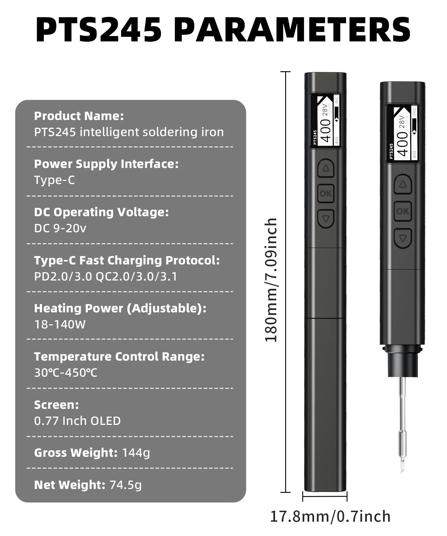 FEITA PTS245 Soldering Iron Kit for Electronics Type-C 140W Mini Smart Digital Pencil Solder Iron Pen with 1 Solder Tips