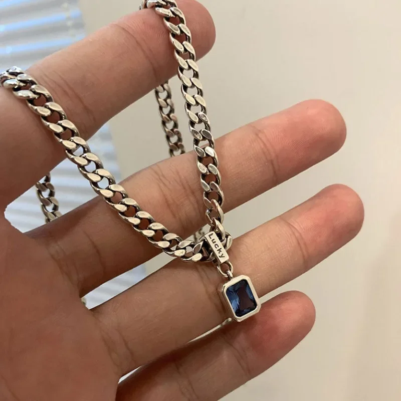 Vintage Cuba Link Square Zircon Pendant Necklace, Chunky Silver Tone Chain Choker for Women, Trendy Statement Jewelry Gift