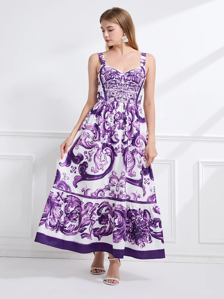 Vestido largo de diseñador de moda de verano para mujer, vestido Sexy con tirantes finos y estampado de porcelana azul y blanca, vestido informal para vacaciones