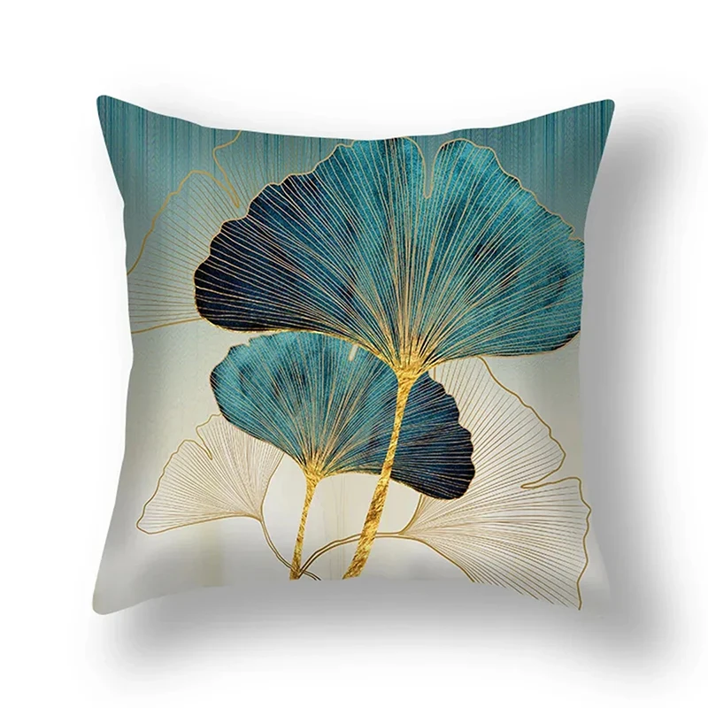 1pc ginkgo leaf Teal Gold Pillow Cushion Cover Square Soft Polyester Plant Leaves Ginkgo Biloba Throw Pillowcase