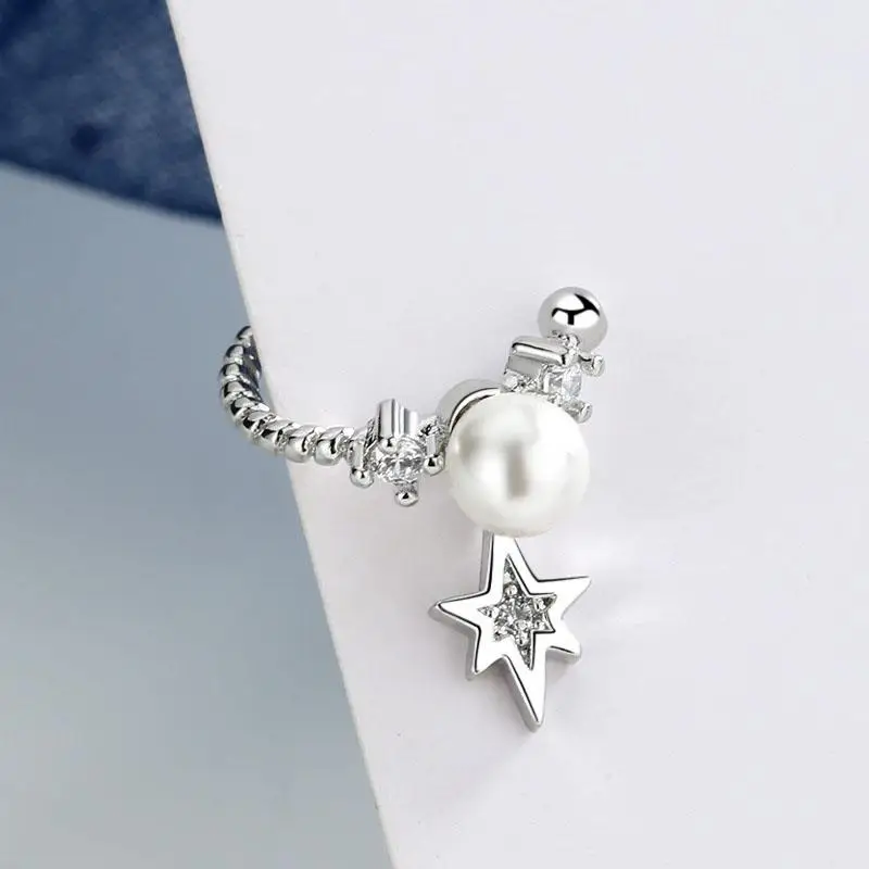 1 PC Six-pointed Star Ear Clip Earrings for Women Girl Sparkling Pearl Geometry Ear Cuff Party Fashion Silver Color Jewelry Gift