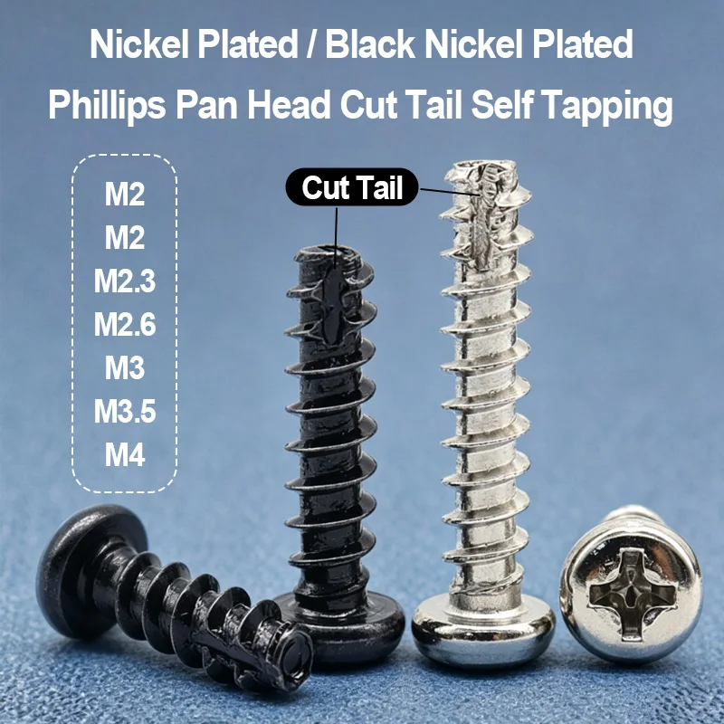 Hardened Carbon Steel Black Nickel Plated Pan Head Cut Tail PT Self Tapping Screw M2 M2.3 M2.6 M3 M3.5 M4 Furniture Fasteners