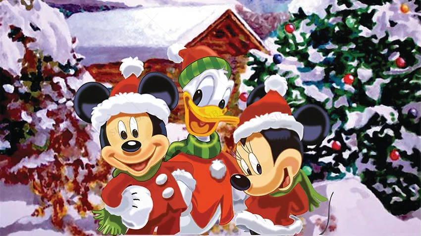 Mickey and Friends Christmas Backdrop Winter Snow Village Glitter Xmas Background Mickey Mouse for Kids Party Christmas Minnie