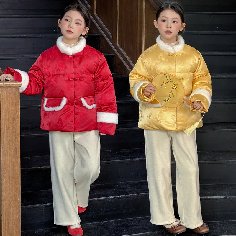 Girls Chinese Style Cotton-Padded Jacket Thick Chinese Winter Coat with Frog Buttons and Floral Embroidery 2026 New