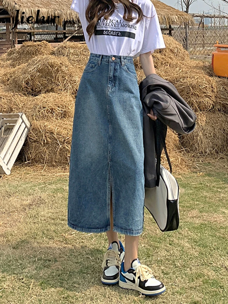 Faldas vaqueras holgadas de cintura alta para mujer, faldas Retro azules con abertura delgada, moda urbana, línea A, novedad de verano