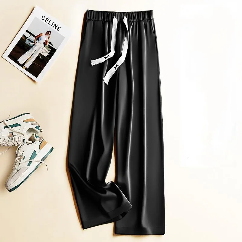 Minimalist Summer Solid Men's Elastic Waist Lacing Ice Silk Fabric Pockets Fashion Versatile Loose Wide Leg Straight Pants