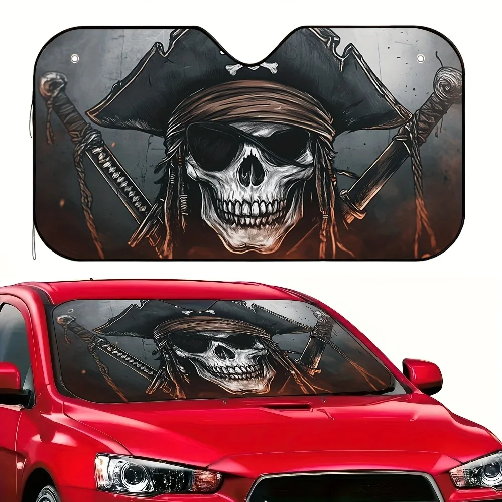 

1 шт., автомобильный солнцезащитный козырек с дизайном пиратского черепа на Хэллоуин — поддерживает охлаждение внутри автомобиля, поставляется с 4 присосками, складными и