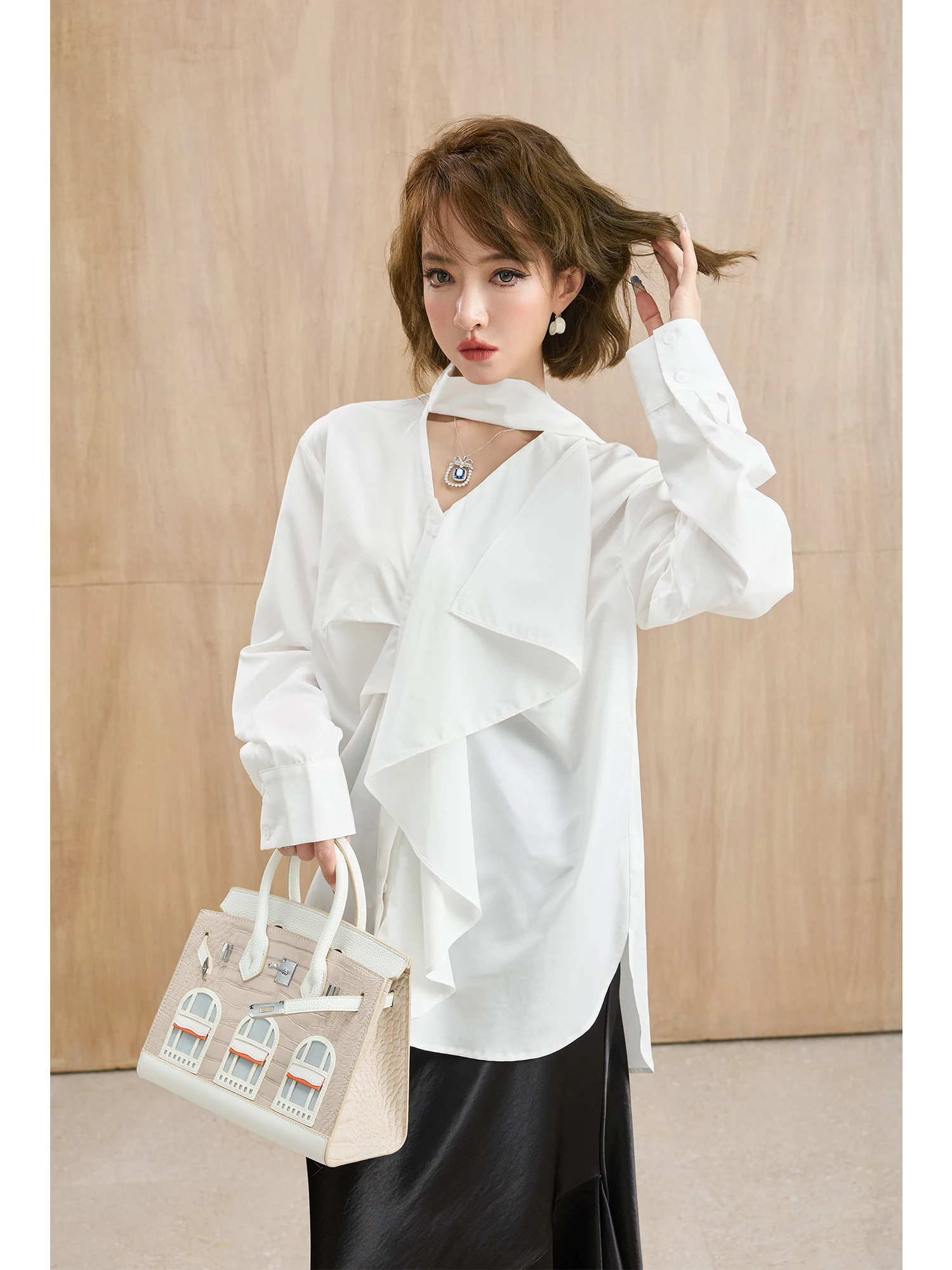 

MIUCO V-Ne Long Sve Deconstructed irt Loose Fit White Lace Trim Casual Sle Skin-Friendly Breathable Pure Color irt