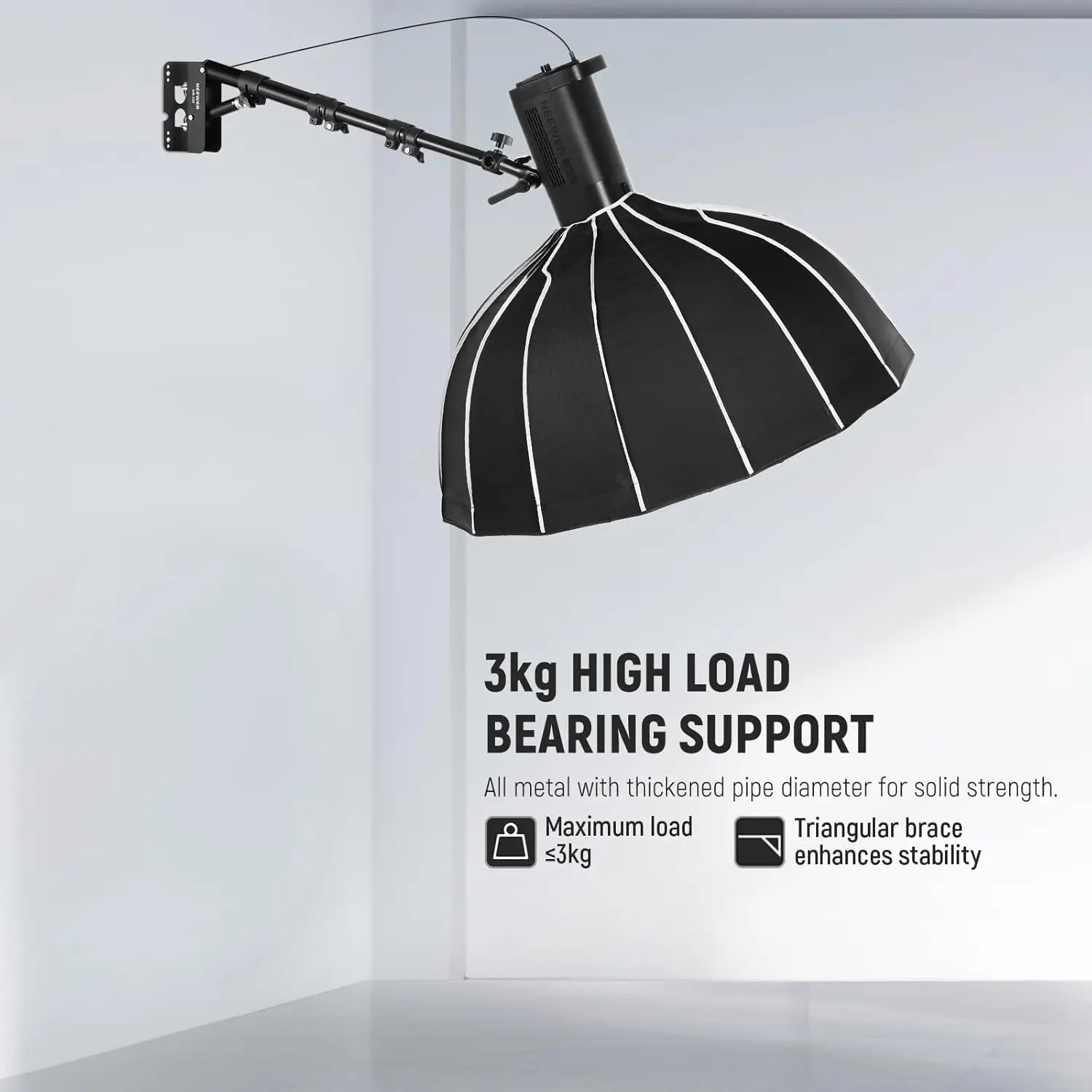 Braccio regolabile per montaggio a parete per illuminazione fotografica, 55-116 cm allungabile, 180 °   Girevole, lega di alluminio, capacità 3 kg