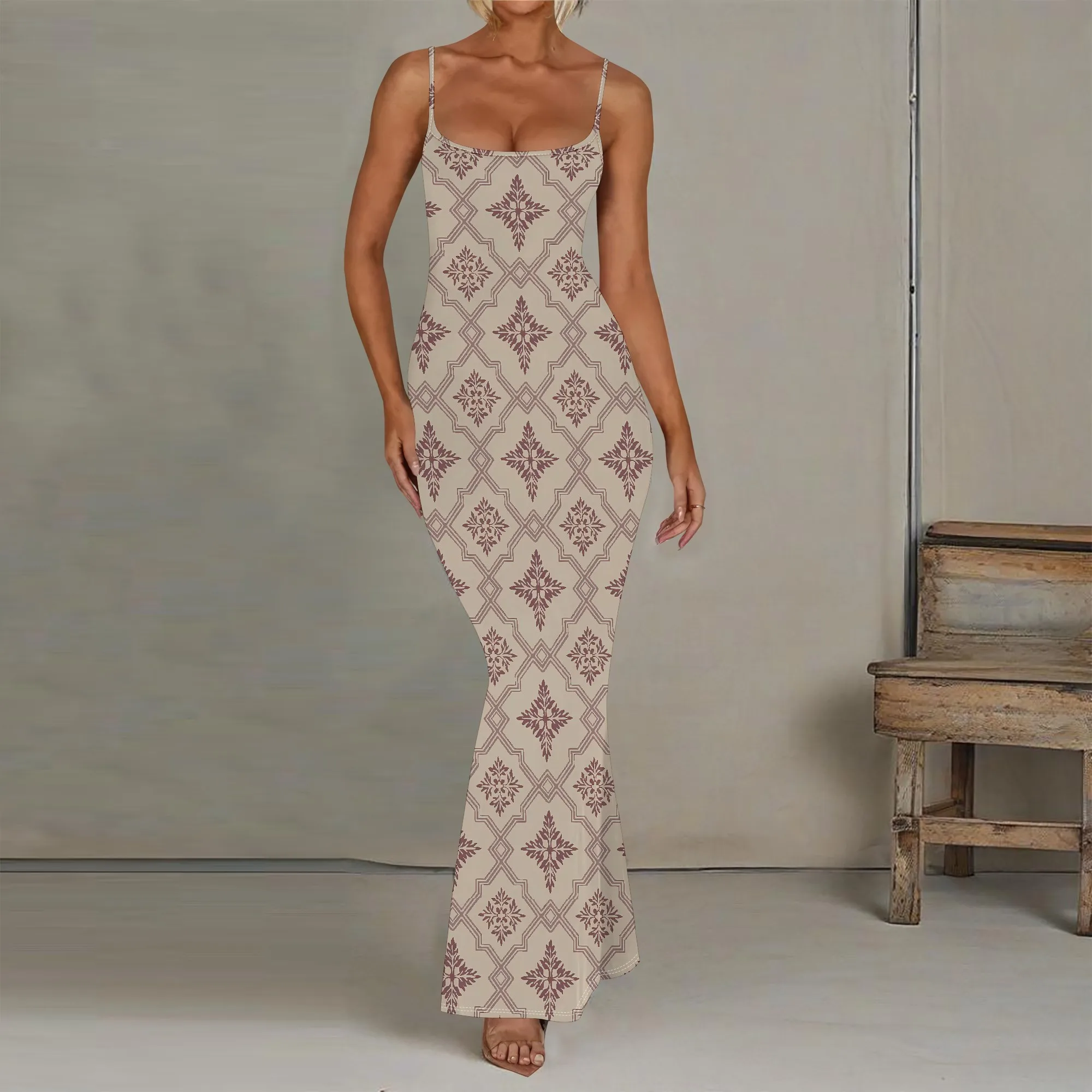 

EQQZD Stylish Sexy Spaghetti Strap Fishtail Dress for Women, Modern Simple Geometric Pattern Printed Maxi Dress