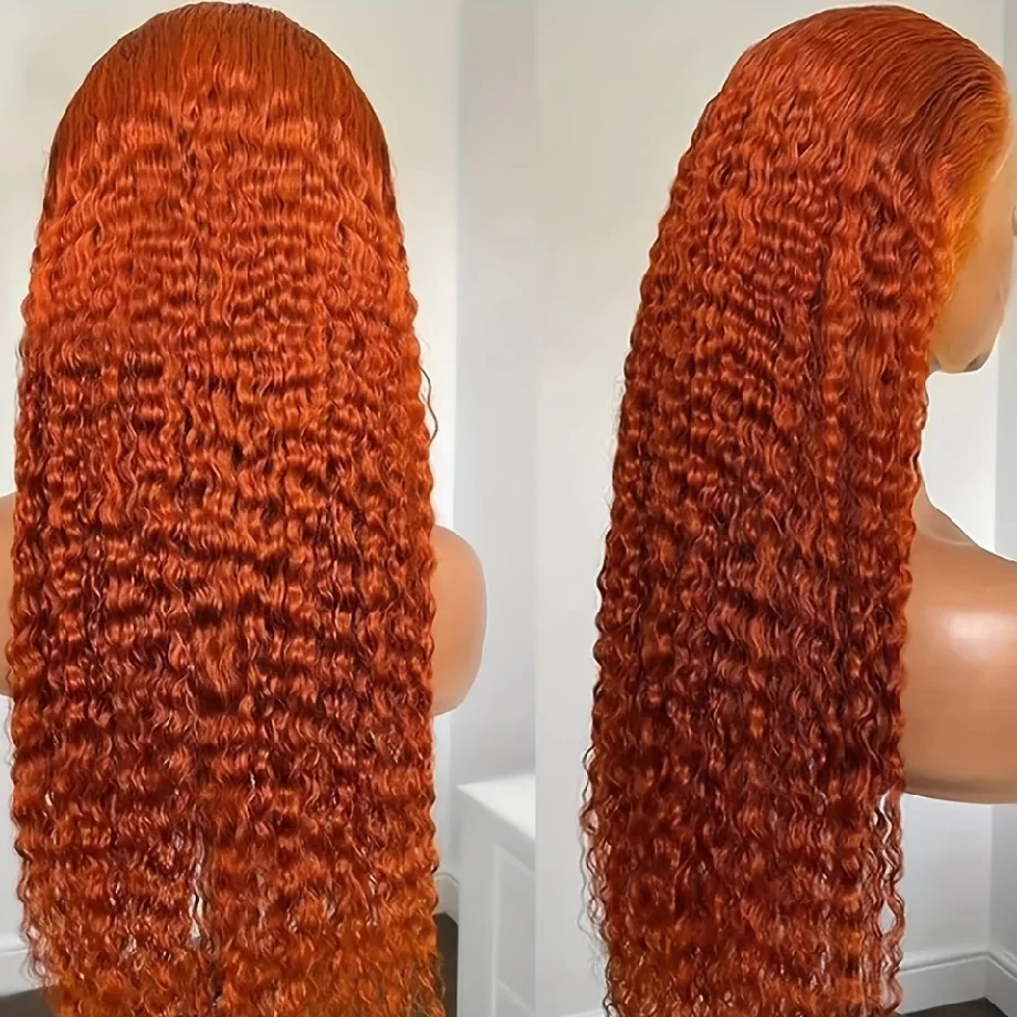 Peluca de cabello humano con encaje frontal HD para mujer, Pelo Rizado profundo 13x6, 13x4, predesplumado, ONDA DE AGUA, naranja, jengibre