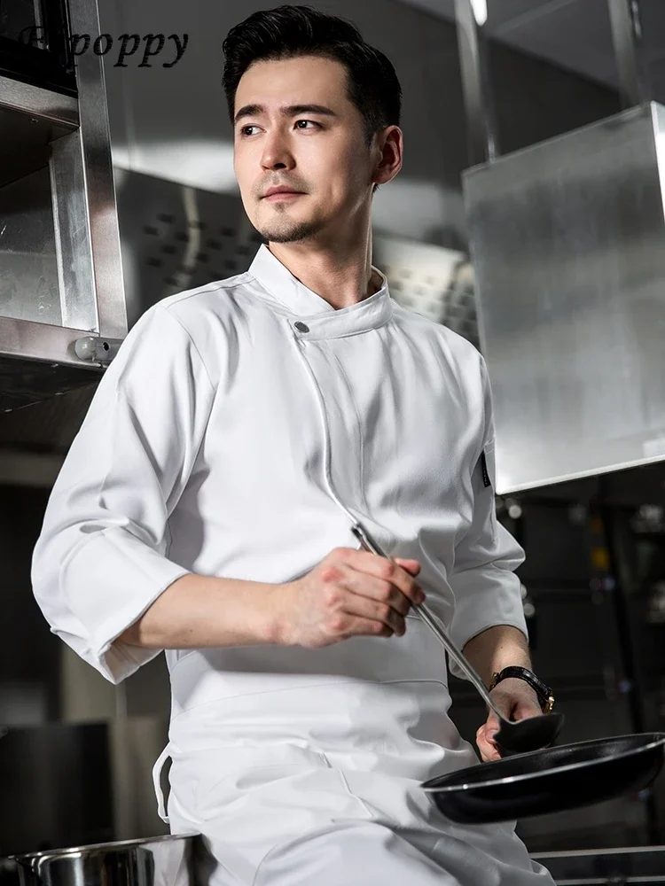 waterproof-stretch-cotton-chef-overalls-solid-color-long-sleeved-restaurant-hotel-chef-executive-general-kitchen-clothes