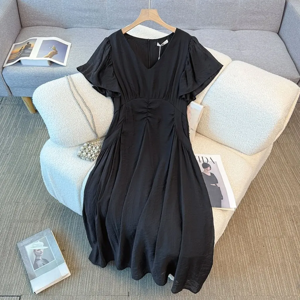 

Новое летнее женское платье больших размеров, элегантное черное платье со сборками и короткими рукавами для женщин, более 130-350 фунтов