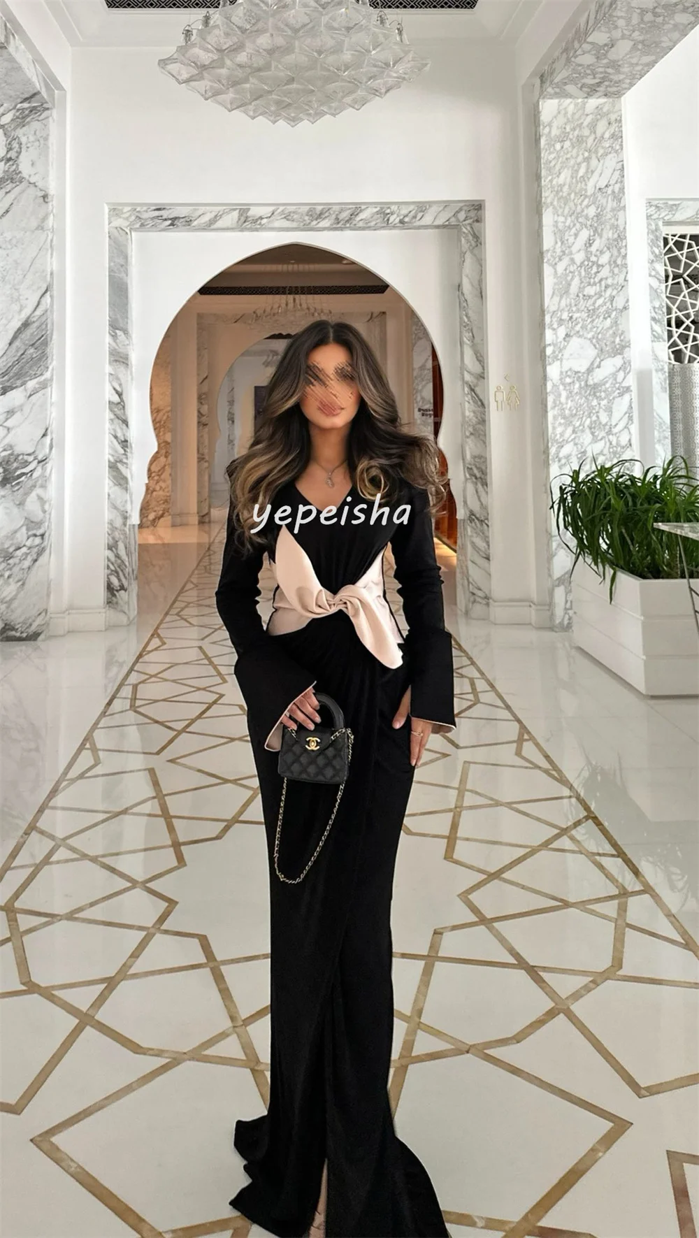 Customized Sizes Available Matching Jersey Pleat Bow Straight V-neck Long Dresses Bespoke Occasion Dresses Exquisite Elegant image 4