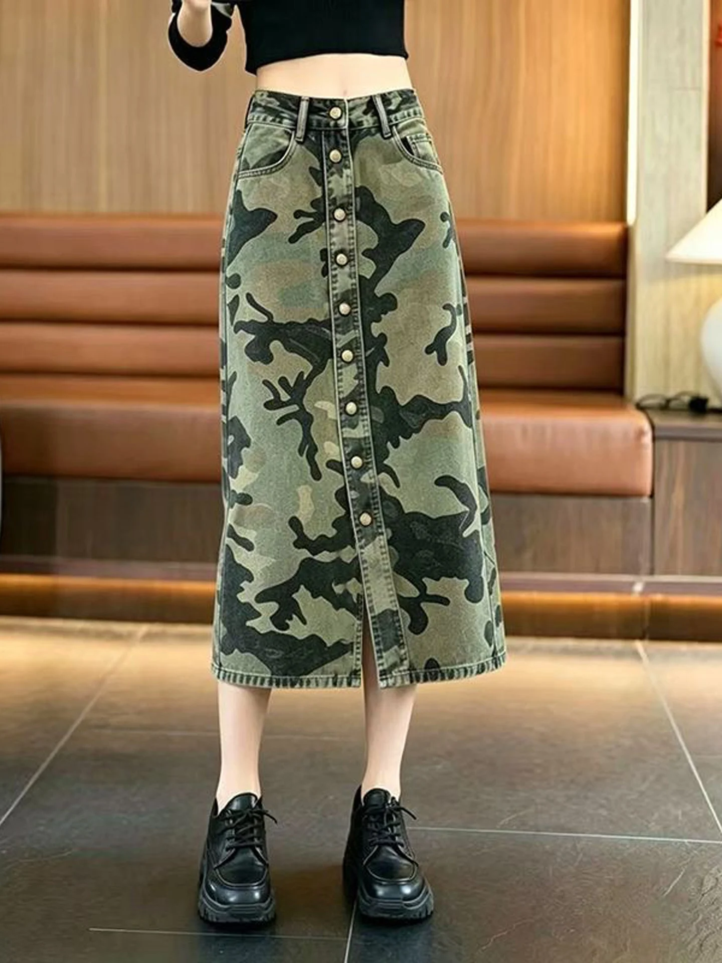 High Waist Slimming Mid-Length Denim Skirt for Women Spring Autumn Fashionable Button Detail Split Casual Straight Cut Skirt