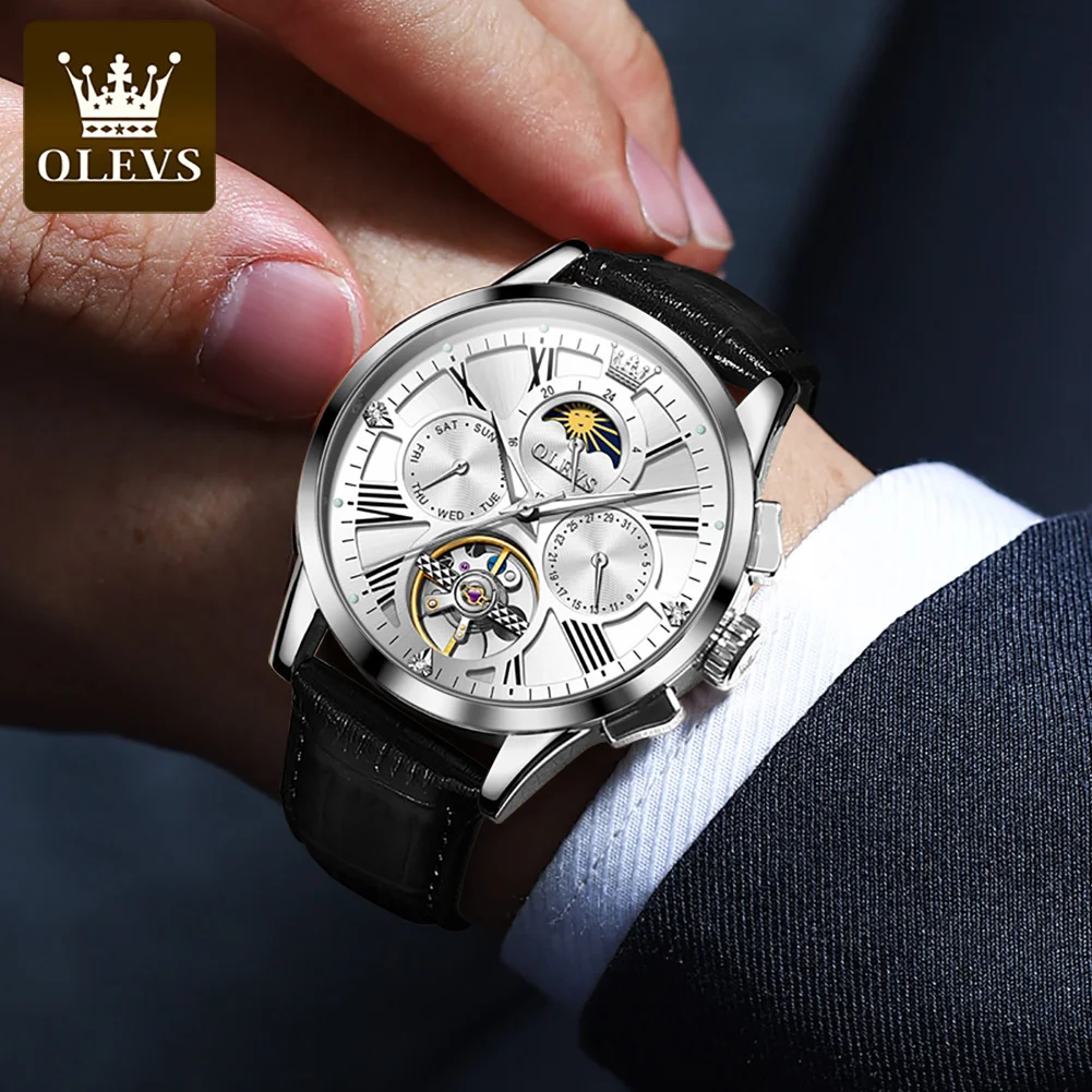 OLEVS 9912 Luxury Man Watch Leather Strap Hollow Out Automatic Mechanical Wristwatch Moon Phase Waterproof Calendar Mens Watches