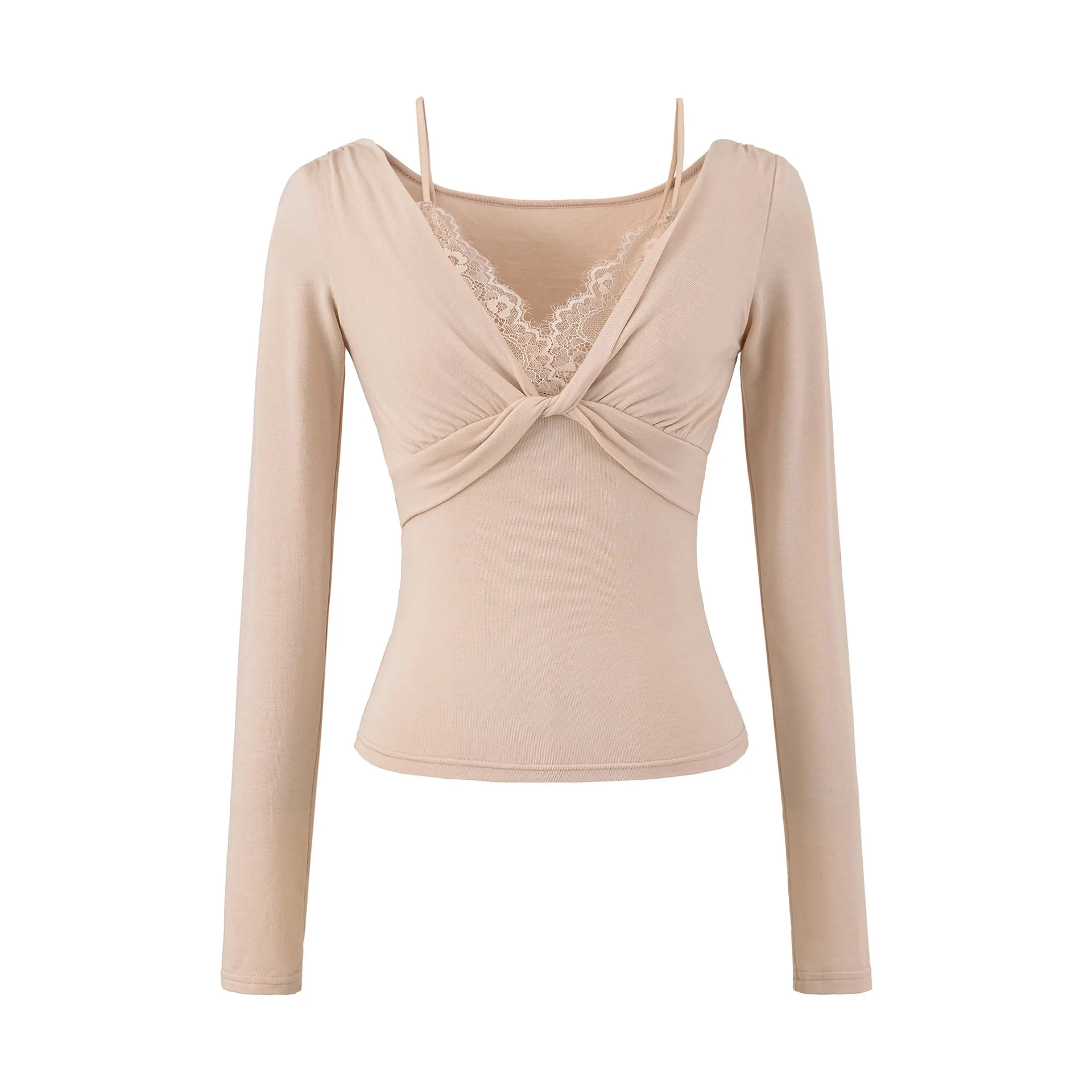

2025 Autumn New Fashion Fake Two-Piece Patchwork T-Shirt Lace Off-Shoulder Long Sleeve Slim Waist Slimming Top Base Shirt 26Q6