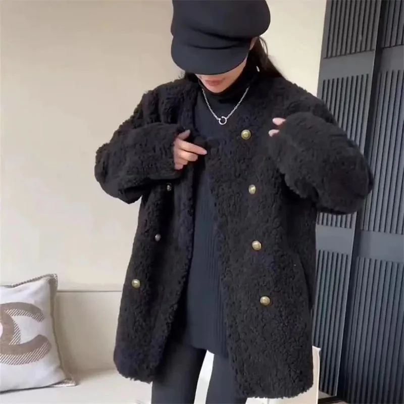 Lady Fashion Ronde Hals Lamswollen Jas Franse Vrouwelijke Double-breasted Losse Top Lente Herfst Vrouwen Vrije tijd Grote Maat 4XL Jas