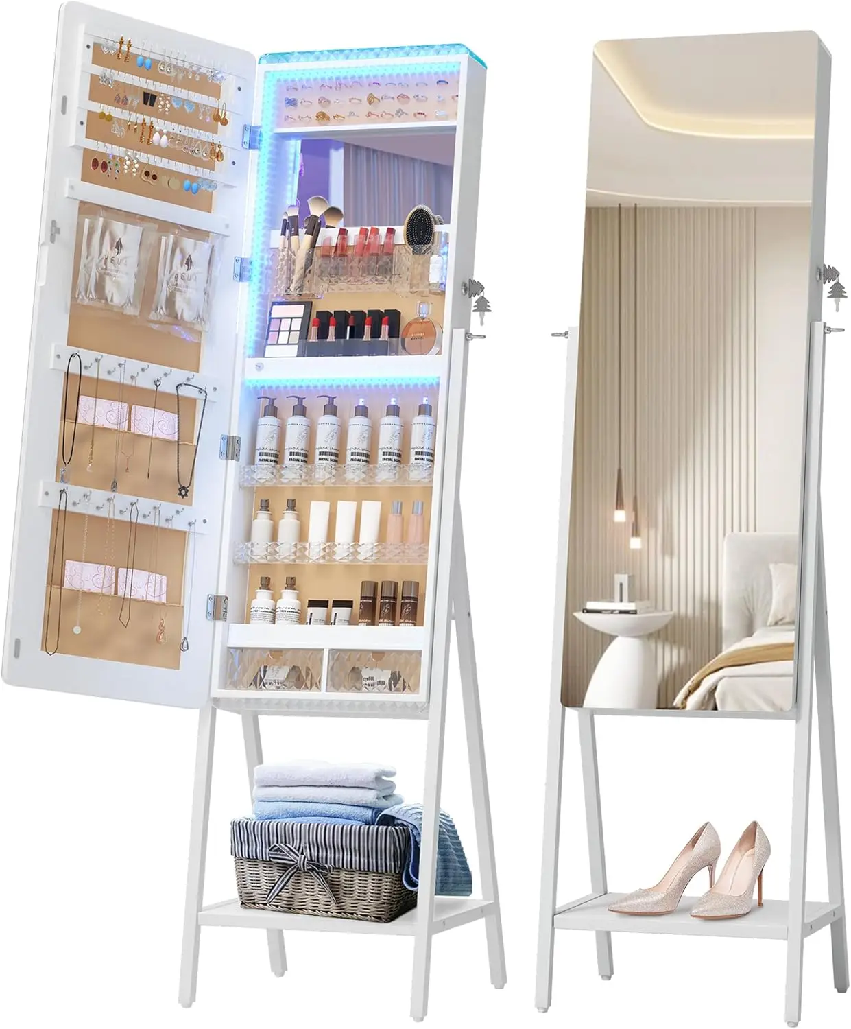 

LVSOMT LED Standing Jewelry Mirror Cabinet, Stand Up Full Length Mirror with Storage, Lockable Floor Jewelry Armoire Organizer