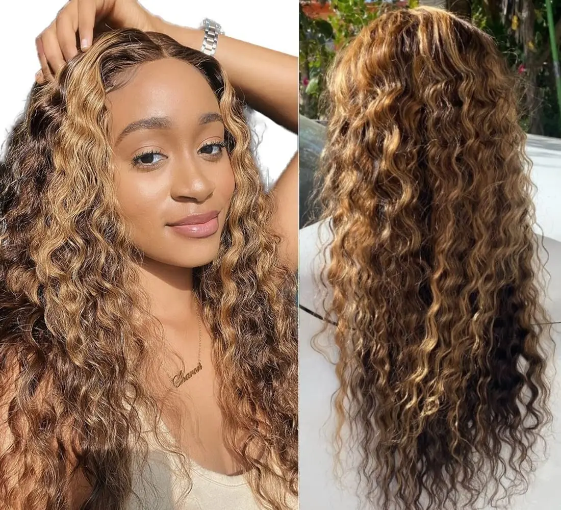 

4/27 Ombre 13x4 Kinky Curly Lace Front Wig Human Hair Honey Blonde 180% Density Pre Plucked Malaysia for Women with Baby Hair