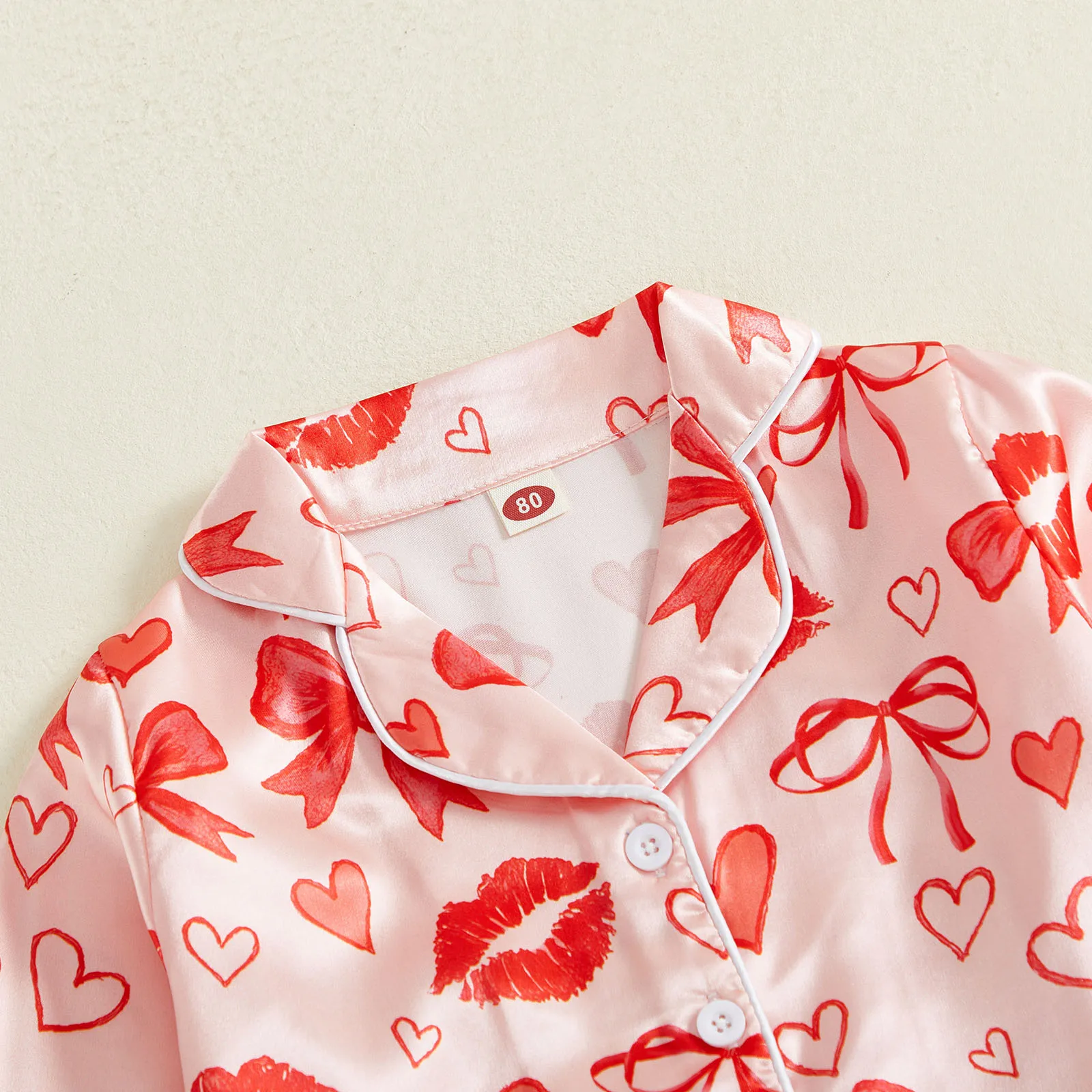 1-7Y طفل فتاة صغيرة عيد الحب منامة مجموعة طباعة الفراء تقليم زر أسفل التلبيب الخامس الرقبة طويلة الأكمام قميص بلايز السراويل Homewear