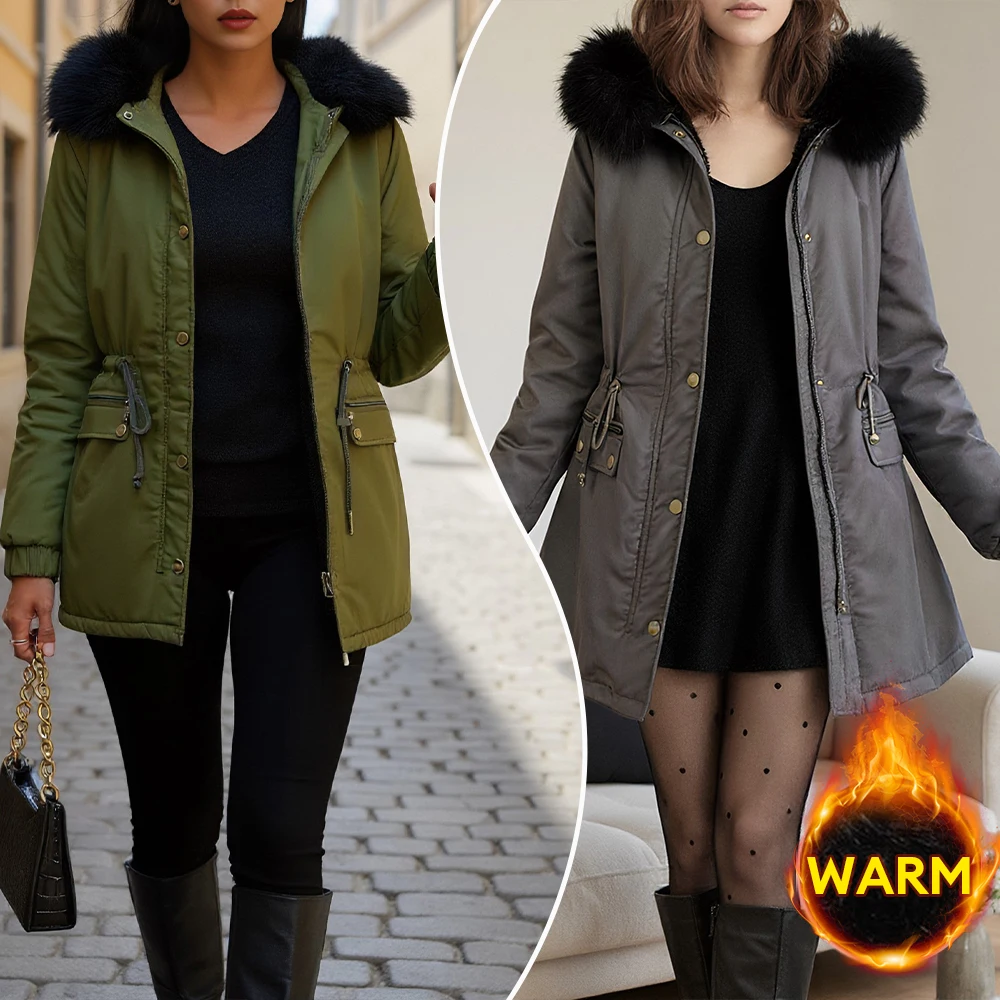 

Women's Coats 2025 Autumn Winter Jacket Elegant Fashion Long Hooded Fur Collar Pockets Zipper Button Snow Wear Padded Parka