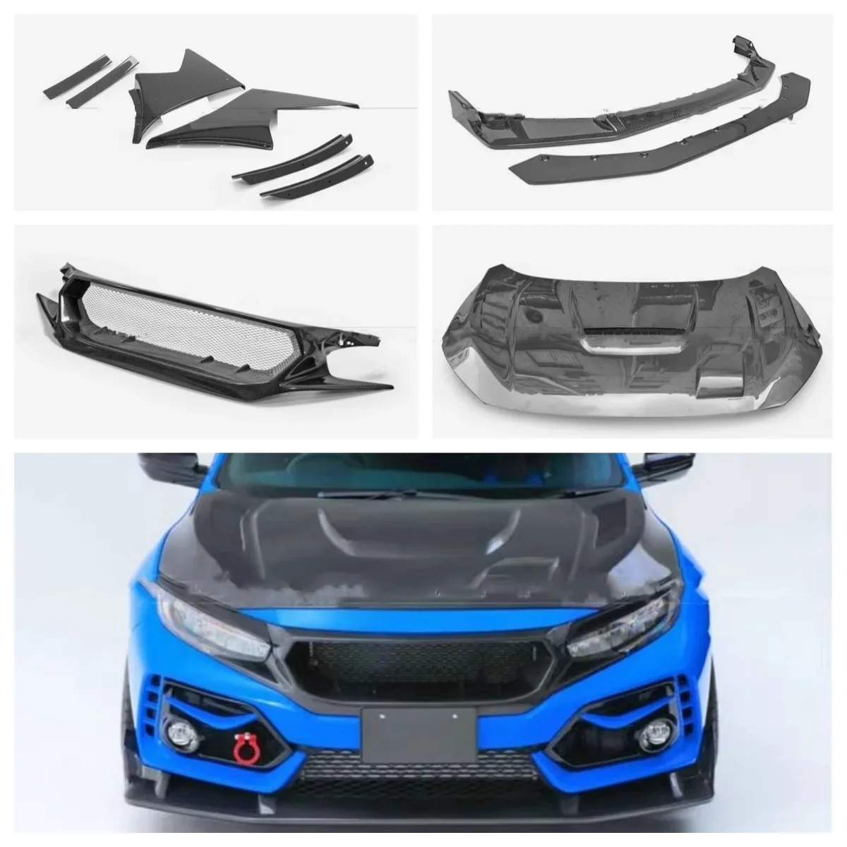 Carbon Fiber Body kit for Honda civic FK8 TypeR Modified Engine hood Radiator grille Air knife Front lip