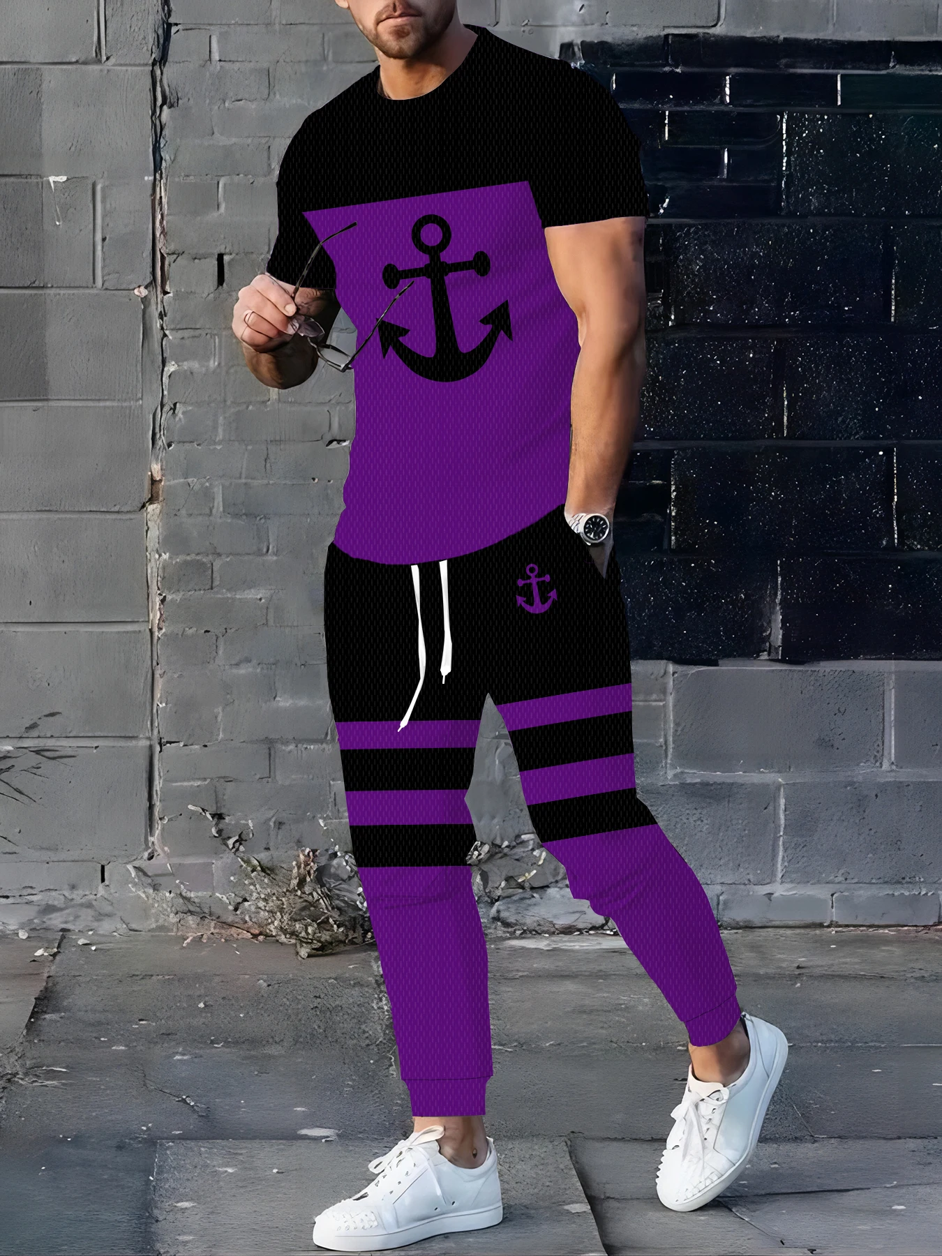 

summer new men's suit creative printing gradient color summer short sleeve pants 2-piece urban fashion street suit