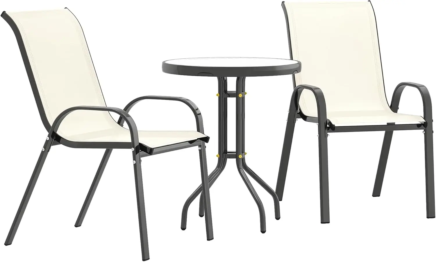 

Outdoor Bistro Set with Stackable Mesh Chairs and Glass Top Table, High Back Patio Furniture for Backyard, Balcony, Garden