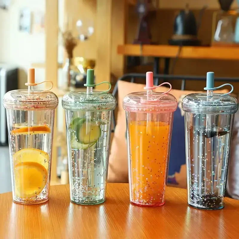 320/420/520ml Water Bottle with Straw Transparent Glass Bottles Large Capacity Plastic Coffee Cup with Lid Drink Cup Straw Cup