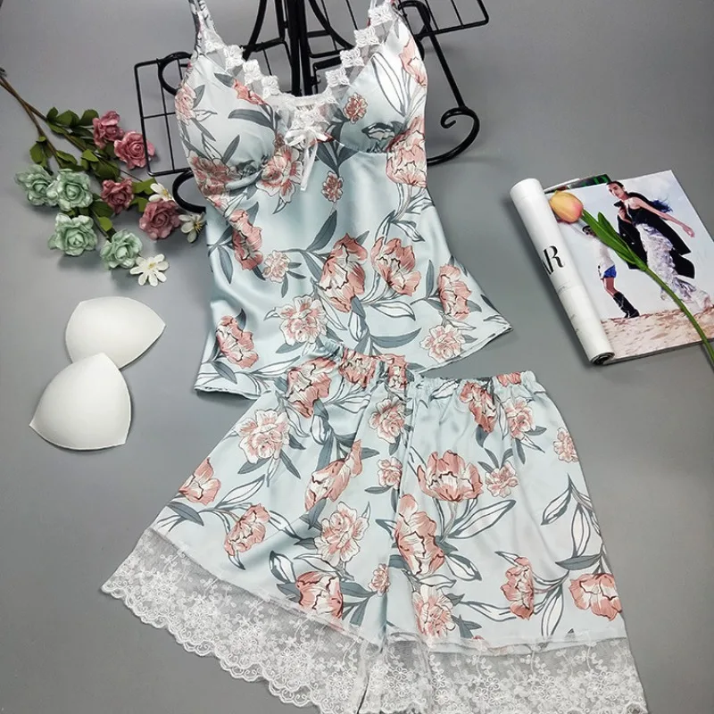 Classic Floral Print Satin Cami Top And Matching Shorts Set Featuring Delicate Lace Trim Details For Women Nightwear Apparel