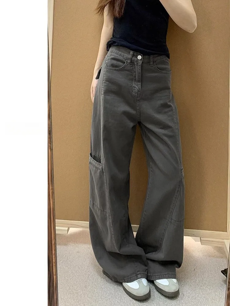 Ey perna larga denim calças de trabalho feminino solto drapeado cintura alta calças compridas para pêra aped plus size emagrecimento jeans retos