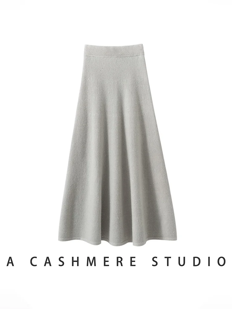 Frauen Kaschmir Rock Pailletten Stil A-Linie Elastische Taille Röcke Herbst Winter Mid-kalb Regenschirm Kleid Gnade 100% Kaschmir gestrickt