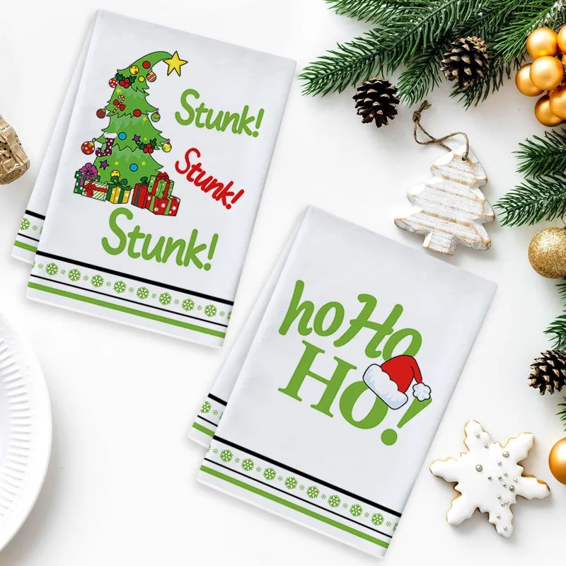 2pcs Cartoon Print Christmas Dish Towel Kitchen Cleaning Cloth Festive Table Decorative Napkin