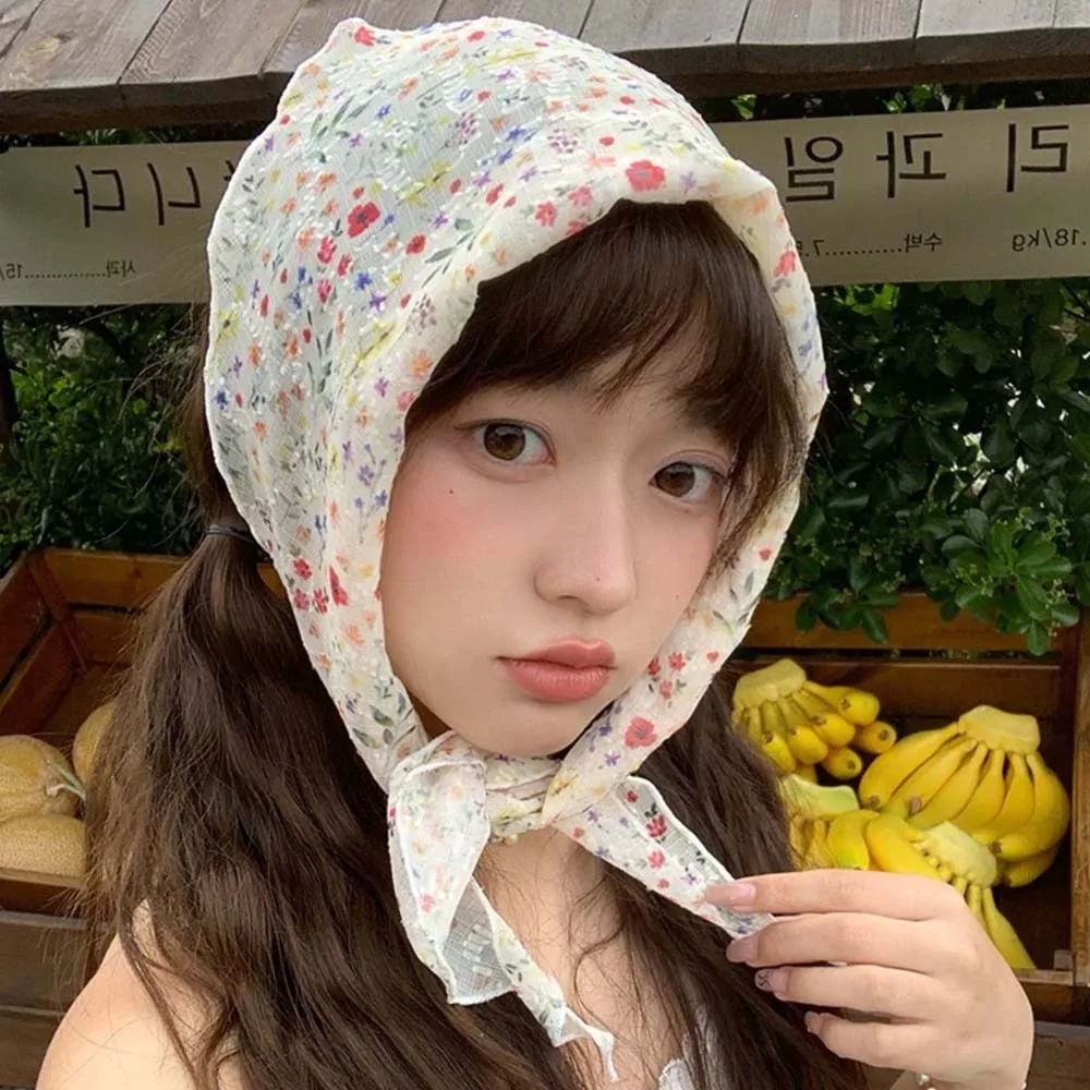 

Breathable Spring Silk Scarves Pastoral Style Cotton Floral Headscarf Sunshade Colorful Triangular Headband Neck Decoration
