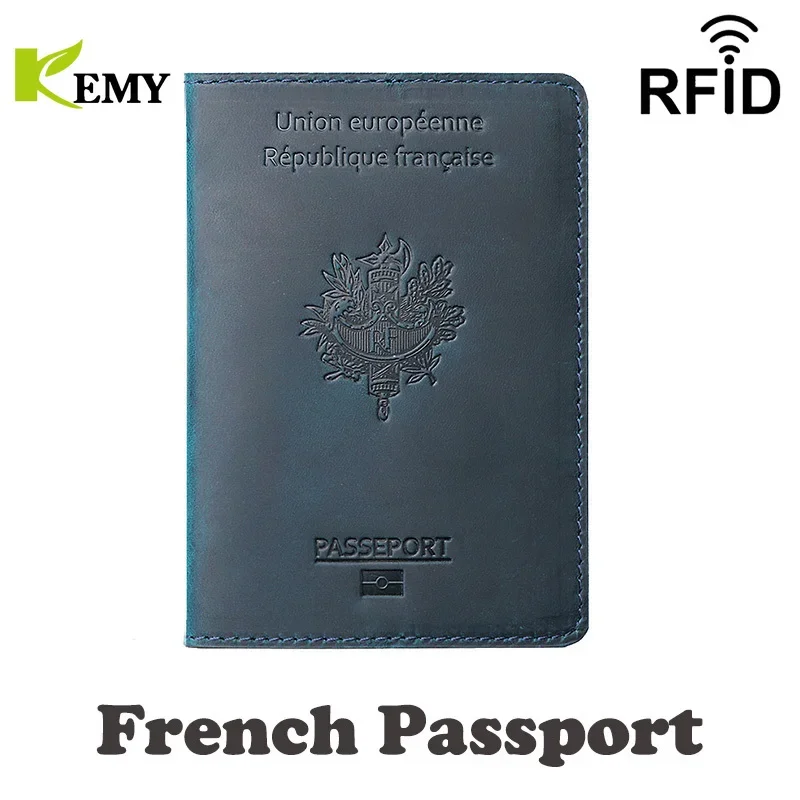 Kemy Genuine Leather Passport Cover France Crazy Horse Leather Card Holder Business Bilingual Passport Case