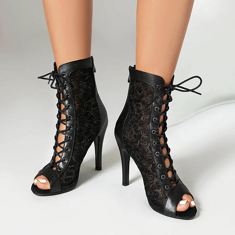 Mesh Ankle Boots Women Stiletto Heel Hollow Out Cool Boots Flower Print Lace Up High Heels Peep Toe Jazz Shoes Sandals Big Size view 5