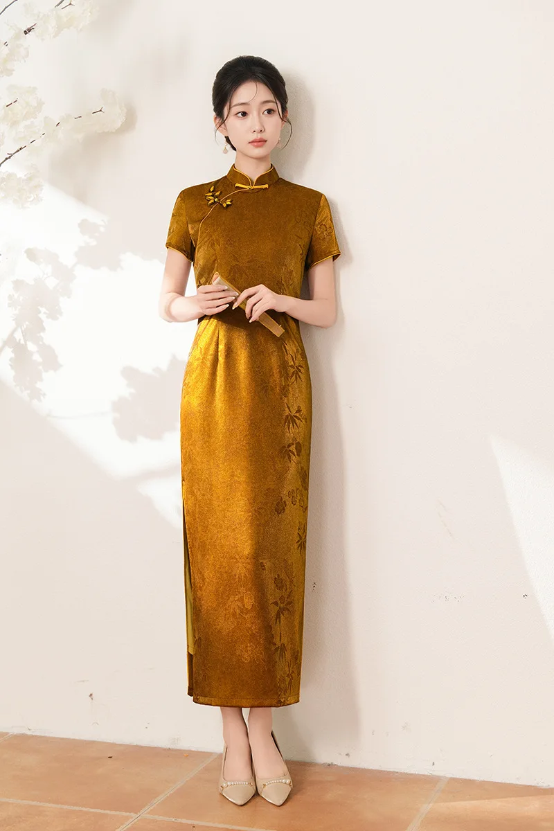 

Винтажное вечернее платье-ципао в китайском стиле, золотисто-желтое, жаккардовое, длинное, элегантное, с коротким рукавом, для женщин