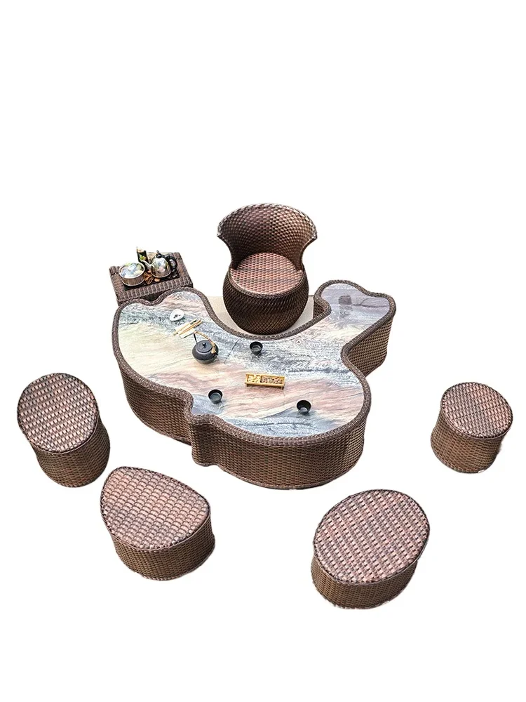 Medieval style tea table and chair combination courtyard large tea table sun room rattan coffee table garden hotel creative